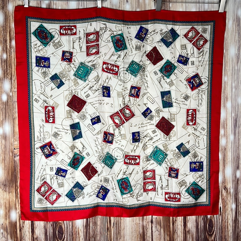 Ginnie Johansen Vintage Made in Japan 100% Silk Large Stamps Scarf